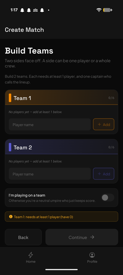 Kaata create match screen for building two teams.