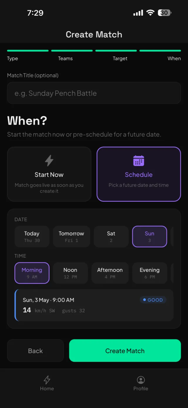 Kaata create-match screen showing Individual, Team and Ticket match types.