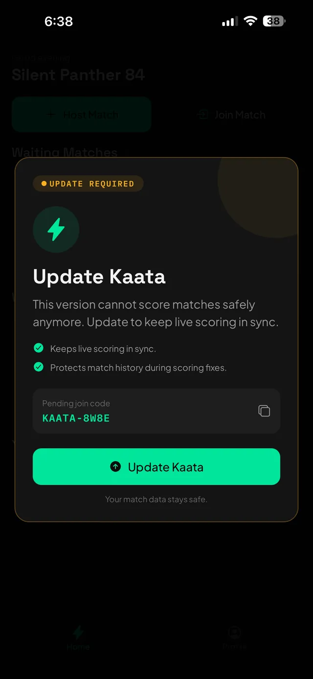Kaata update required screen showing a pending KAATA join code