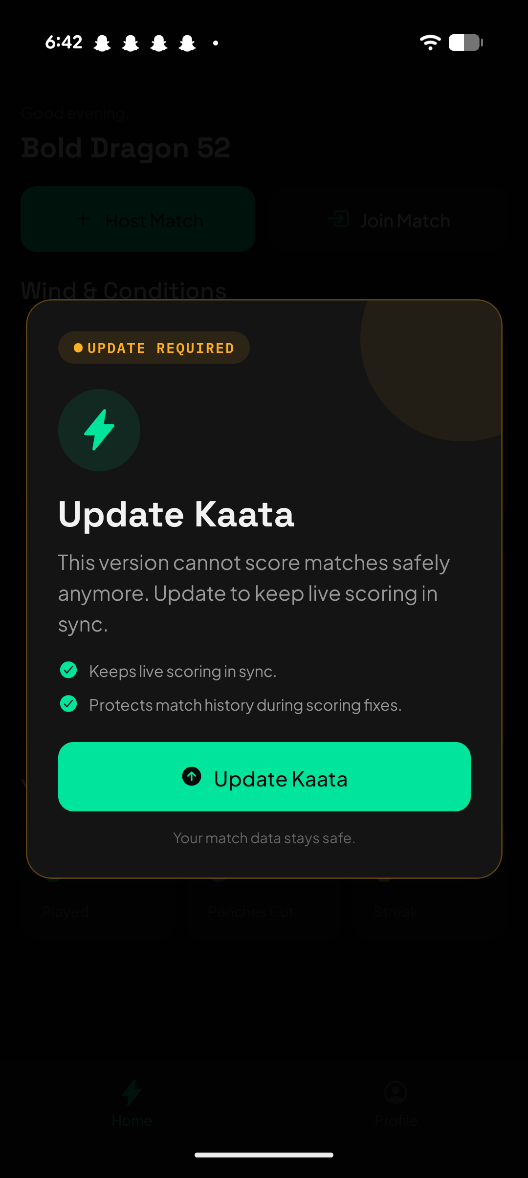 Kaata Update Required screen with Update Kaata button