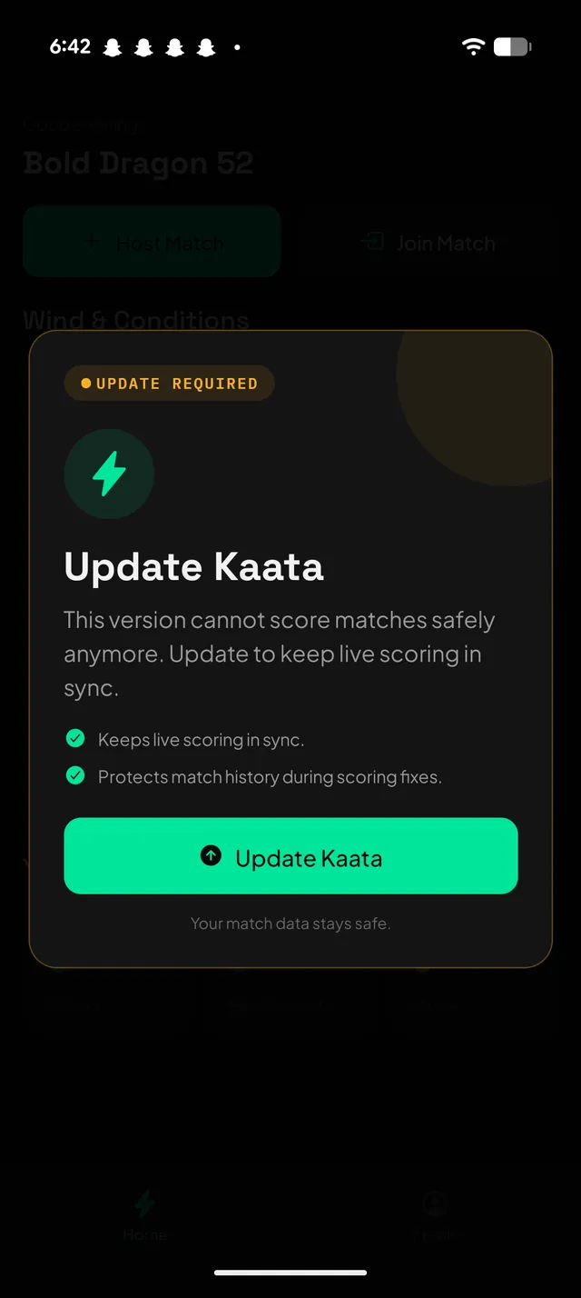 Kaata Update Required screen with Update Kaata button