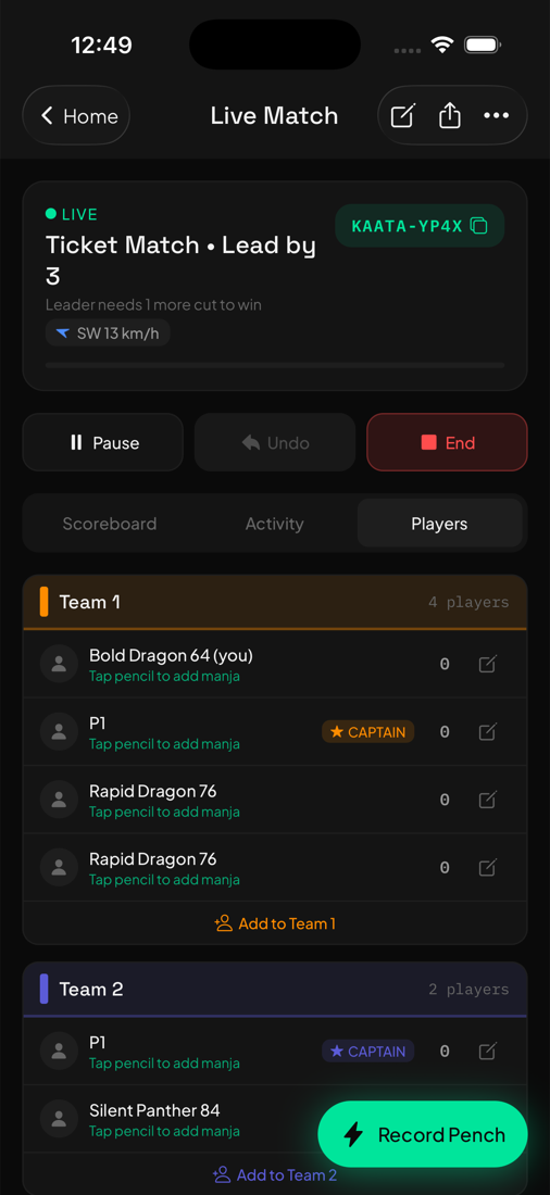 Kaata live match screen running on a phone.