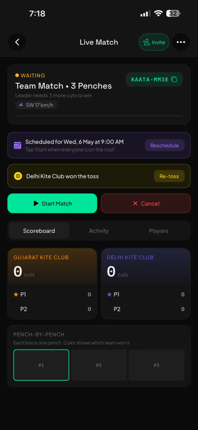 Kaata live team scoreboard with per-player cut counts and the pench tracker.