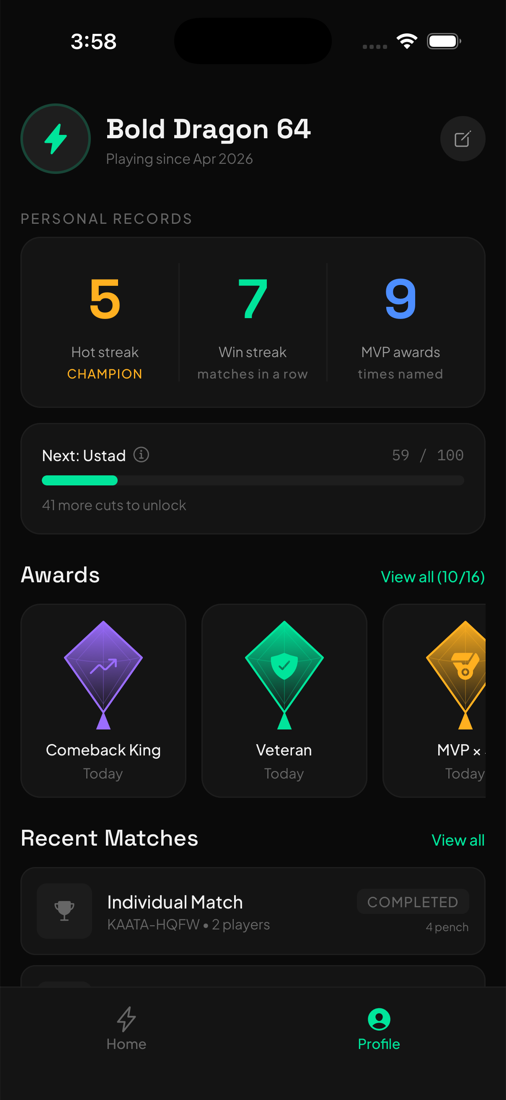 Kaata profile screen showing personal records, awards, and recent matches.