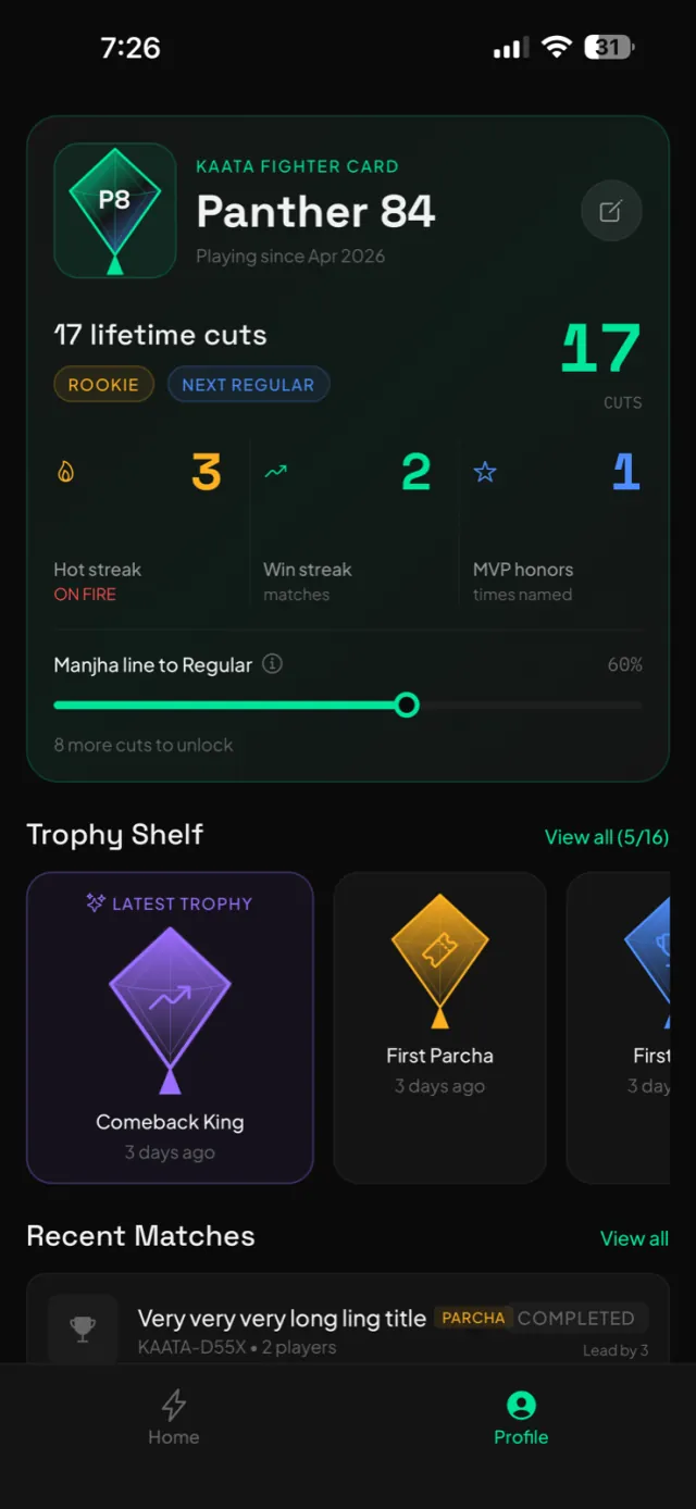 Kaata profile screen with lifetime stats and unlocked trophies.