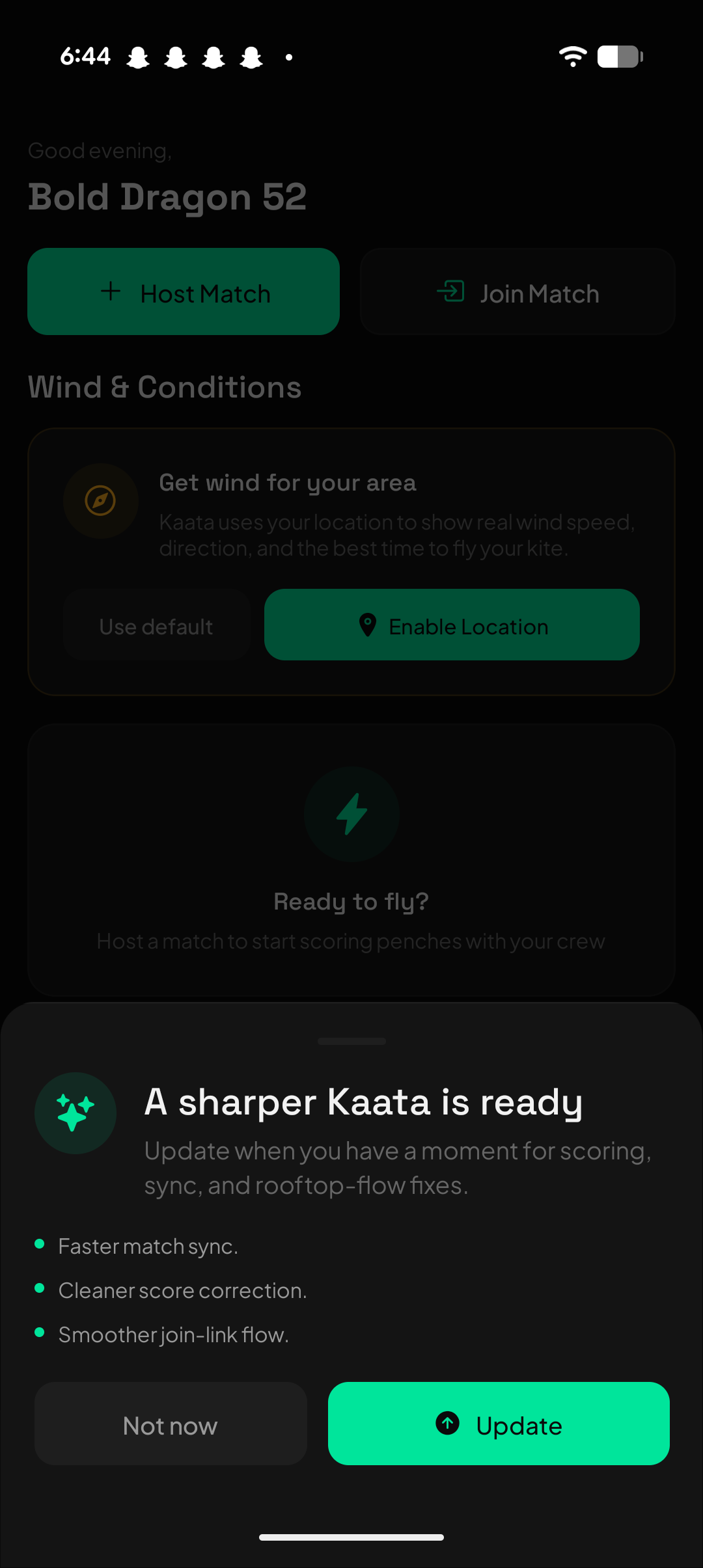 Kaata optional update sheet with Not now and Update buttons