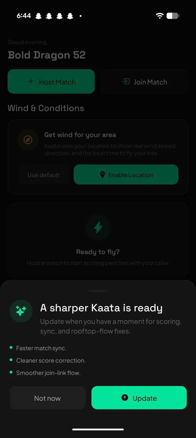 Kaata optional update sheet with Not now and Update buttons